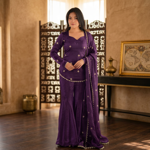 Kurti Sharara de seda bordado para mujer, largo hasta el tobillo, para bodas, Diwali, fiestas, con dupatta, ropa india y pakistaní TENNECY - Product Image 1