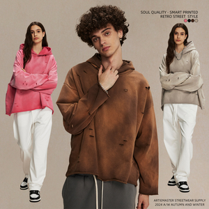 Wholesale 450g Men's Women's Custom Logo Hoodie Fashion Water <b>Spray</b> Print Irregular Holes Rough Edge Old Wash 3D Made <b>Fabric</b> - Product Image 3