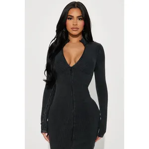 Venta caliente <span class=keywords><strong>de</strong></span> tamaño personalizado lavado Midi cuello en V manga larga cremallera frontal mujeres <span class=keywords><strong>cortavientos</strong></span> vestido casual - Product Image 1