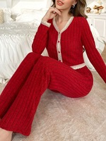 Ensemble de salon côtelé automne-hiver, manches longues, bordure en dentelle, pyjamas, vêtements de nuit doux, ensemble de pyjama 2 pièces pour femmes