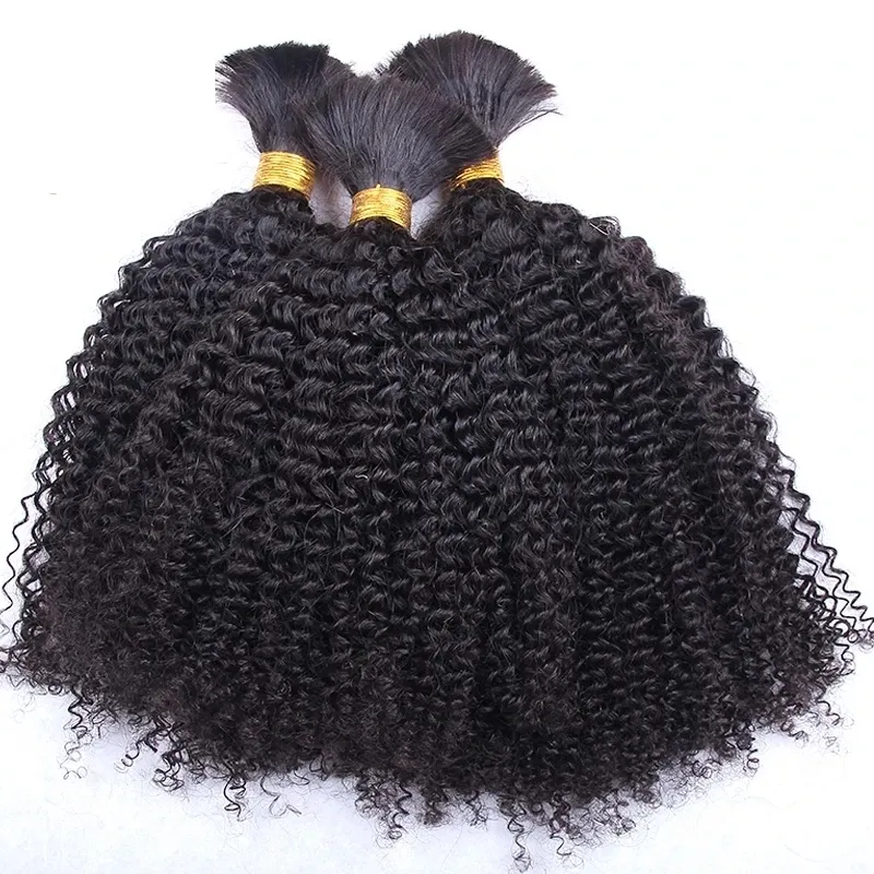アフロキンキーカーリー人毛バルク3バンドル編組髪織り横糸なしロングキンキーカーリー人毛バンドルエクステンション