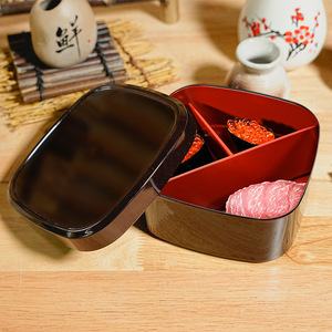 Japanese Style Wood Grain Bento <b>Box</b> Black 3 <b>Compartment</b> <b>Lunch</b> Container For Sushi And Eel Meals - Product Image 1