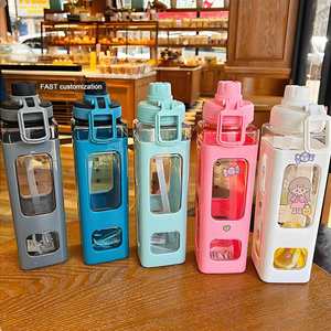 Bouteille d'eau en gros d'usine avec paille, autocollant ours 3D mignon, sans BPA, gobelet carré en plastique, vaisselle portable 700ml/900ml - Product Image 1