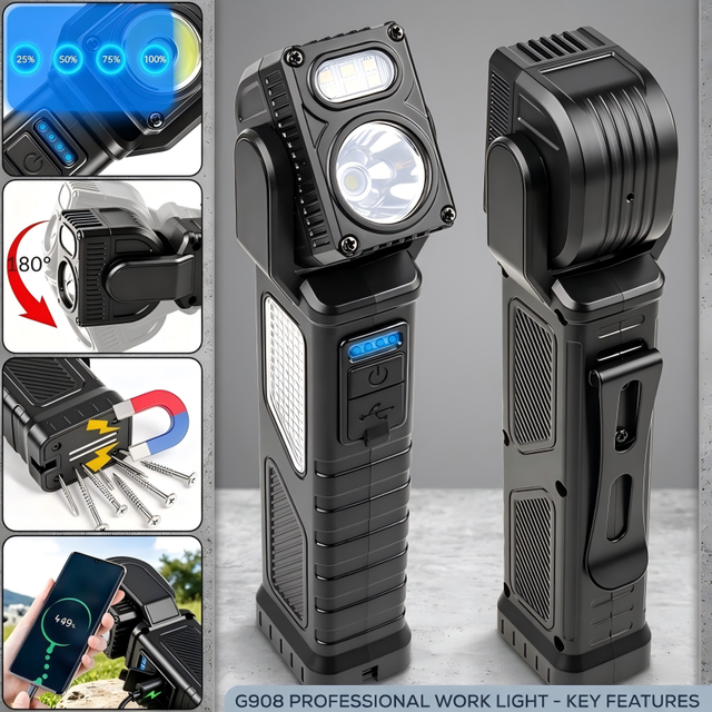 Rechargeable ABS Waterproof LED Work Light 180 Rotatable Magnetic Red Blue Warning Light Portable Pocket Torch for Office Road
