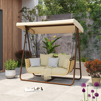 Banc suspendu autoportant en osier avec balançoire dôme, 2 places avec coussins gris, structure métallique robuste pour extérieur, patio et jardin