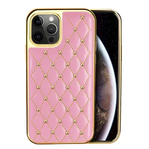 Pink Color Leather Diamond Pattern Glitter shine cell phone case For Iphone 11 12 Pro max Girl Electroplated Mobile case