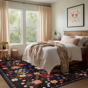 Tapis rectangulaire moderne en polyester doux, antidérapant et non-muant, à motif floral noir bohème, grande surface, idéal pour la décoration intérieure, personnalisable. - Product Image 2