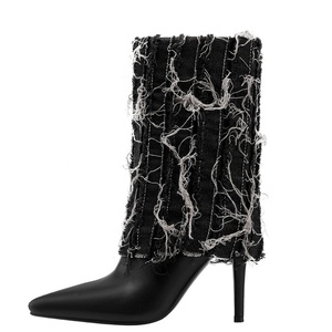 Botines de tacón de aguja de mezclilla con solapa para mujer, talla grande 46, botines cortos de tobillo, zapatos retro elegantes con superposición. - Product Image 3