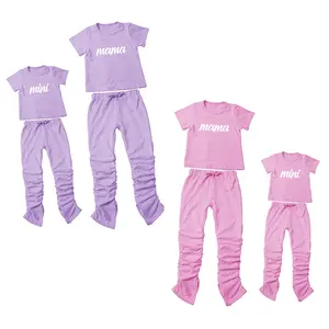 croptop kleid kinder Suppliers-100% Baumwolle Print Mama und ich Outfits Kinder Solid Stracked Pants Sets Mama Mini