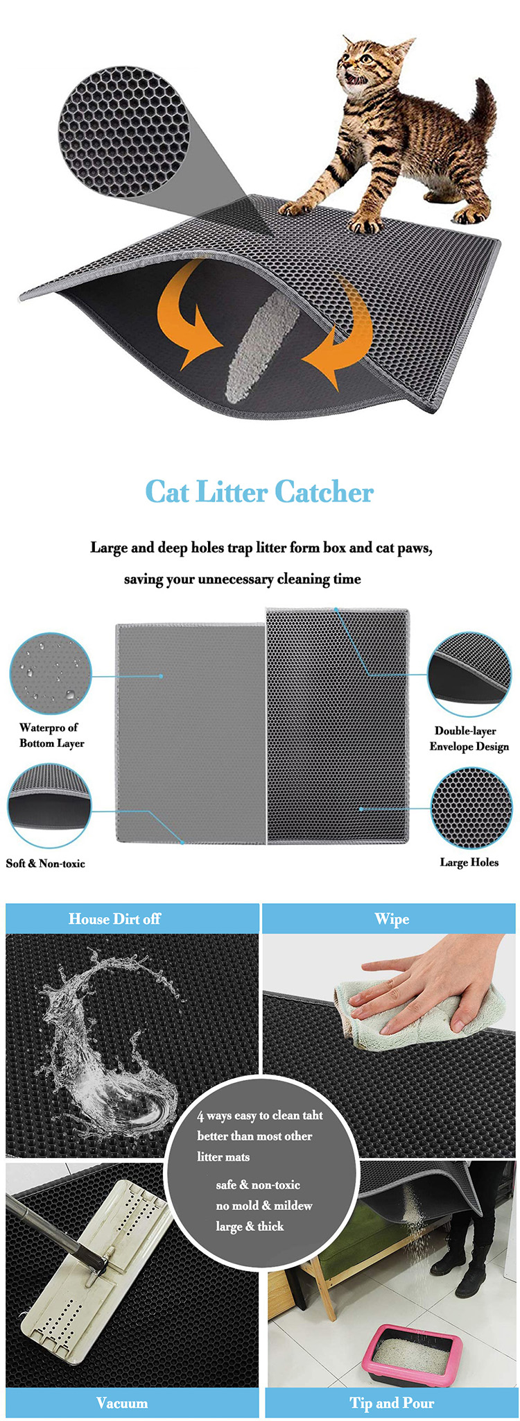custom detachable waterproof double layer eco friendly eva pet cat sand litter trapper clean toilet mat pad