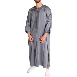 Men's V-Neck Robe Long Sleeve Kaftan Thobe Long Gown Casual Shirt Men Jubba Thobe Dubai Muslim Islamic Clothing