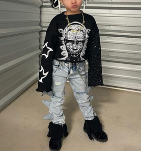 Pantalones y pantalones de mezclilla recortados con estampado <span class=keywords><strong>vintage</strong></span> personalizado para niñas, conjuntos de ropa de punto informales con cuello redondo y manga larga con diamantes de imitación - Product Image 1