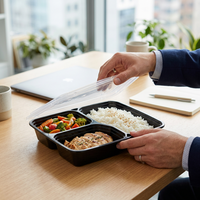 Boîte alimentaire jetable en PP pour restaurant, 3 compartiments, avec couvercle transparent, boîte à lunch en plastique pour livraison de repas