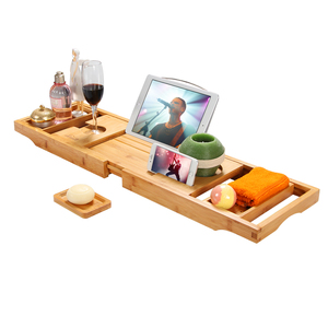 LK Luxe Écologique – Organisateur <span class=keywords><strong>de</strong></span> <span class=keywords><strong>baignoire</strong></span> <span class=keywords><strong>extensible</strong></span> en deux parties avec plateaux en bambou pour salle <span class=keywords><strong>de</strong></span> bain et lit – Modèle pour iPad/téléphone/tasse - Product Image 1