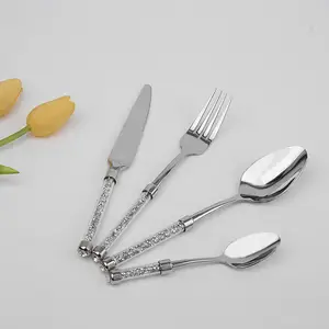 Juego de cubertería de seguridad alimentaria con mango de cristal, minicuchillo, cuchara y tenedor para boda, venta al por mayor