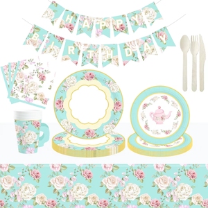 ชุดถ้วยน้ำชา จานรอง กระดาษเช็ดปาก ถ้วยชาและจานรองพร้อมหูจับ สำหรับงานเลี้ยงวันเกิดเจ้าหญิง ตกแต่งงานฉลองวันเกิดเด็ก ลายดอกไม้ - Product Image 2