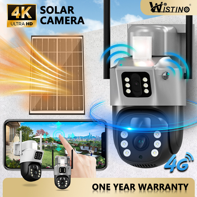 Wistino 4K Security Camera 360° Panoramic Auto Detection Dual Lens Dual Screen 4G Solar PTZ Camera V380pro