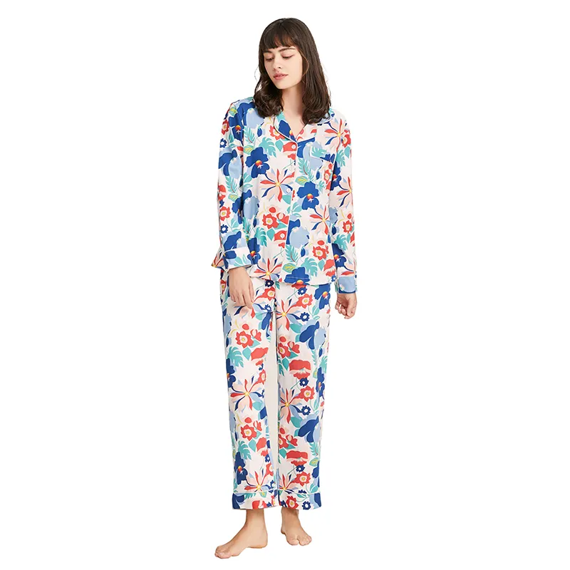 Hot Print 2 Stück Langarmhemd und Pant Cotton Pyjamas Nachtwäsche für Frauen