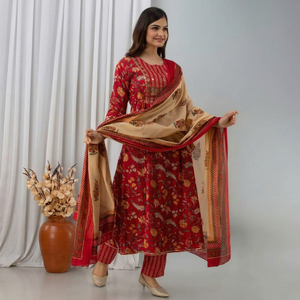 ชุดคุर्ติและกางเกง Anarkali ผ้าฝ้ายสีแดงพรีเมียมสำหรับผู้หญิง ยี่ห้อ Twinfeet พร้อมผ้าคลุมไหล่ปักลาย - Product Image 1