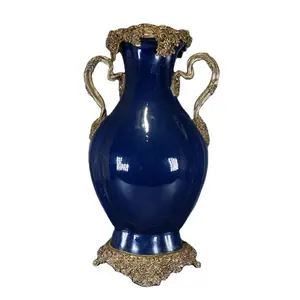 Qing Dynasty Yongzheng Period Blue Glaze Flat Antique Amphora Vase Inlaid with Bronze decor for home flowers vases