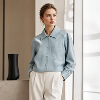 Jaket Kulit Domba Asli Wanita Warna Biru Muda Kerah Lapel Kancing Depan Model Crop Coat Jahitan Kontras Pakaian Luar Kulit