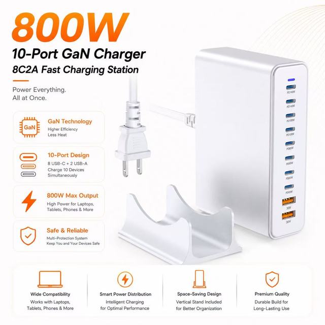 Source Factory HNT 800W GaN Desktop Charging Station 10 Ports 8C 2A PD3.1 Multi Device Portable Power For Laptop Smartphone