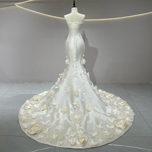 JFH59 Vestidos de Novia Modernos de Encaje con Lentejuelas, de Satén Exquisito, Ajustados, con Flores 3D, Cola de Sirena, Largos hasta el Suelo, para Fiesta de Cumpleaños - Product Image 3