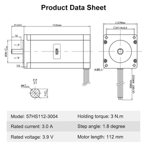 มอเตอร์สเต็ปไฮบริด Nema23 ขนาด 57*57*112 มม. แรงบิด 3 นิวตันเมตร กระแสไฟ 3.0 แอมป์ รุ่น 23 สำหรับเครื่องจักร เครื่องพิมพ์ 3 มิติ หุ่นยนต์ รุ่น 57HS112-3004 มอเตอร์ (สินค้า EU) - Product Image 3