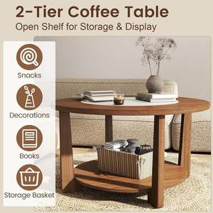 <span class=keywords><strong>Table</strong></span> <span class=keywords><strong>basse</strong></span> ronde en <span class=keywords><strong>bois</strong></span> à 2 niveaux, style farmhouse, pour salon, plateau bicolore, étagère de rangement ouverte, personnalisable - Product Image 4