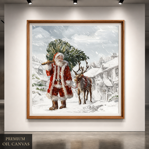 Cuadro <span class=keywords><strong>de</strong></span> Lona Tradicional <span class=keywords><strong>de</strong></span> Navidad con Santa Claus, Pueblo Nevado Vintage y Renos, para Decoración Festiva del Hogar - Product Image 2