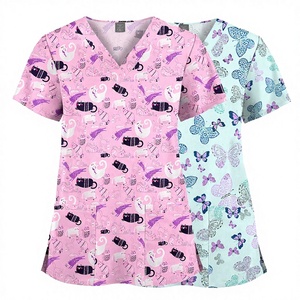 New Elastic Printed Polyester <b>Scrub</b> <b>Tops</b> Unisex Spa Bathing Work Nurse Uniform European/American Plus Size V-Neck Cartoon Shirts - Product Image 3