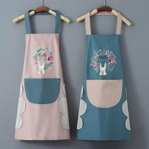 Delantal de Cocina de Felpa Coral, Diseño Floral Rosa y Azul con Conejo, Resistente al Agua, Diseño de Dibujos Animados, Uso Diario - Product Image 1