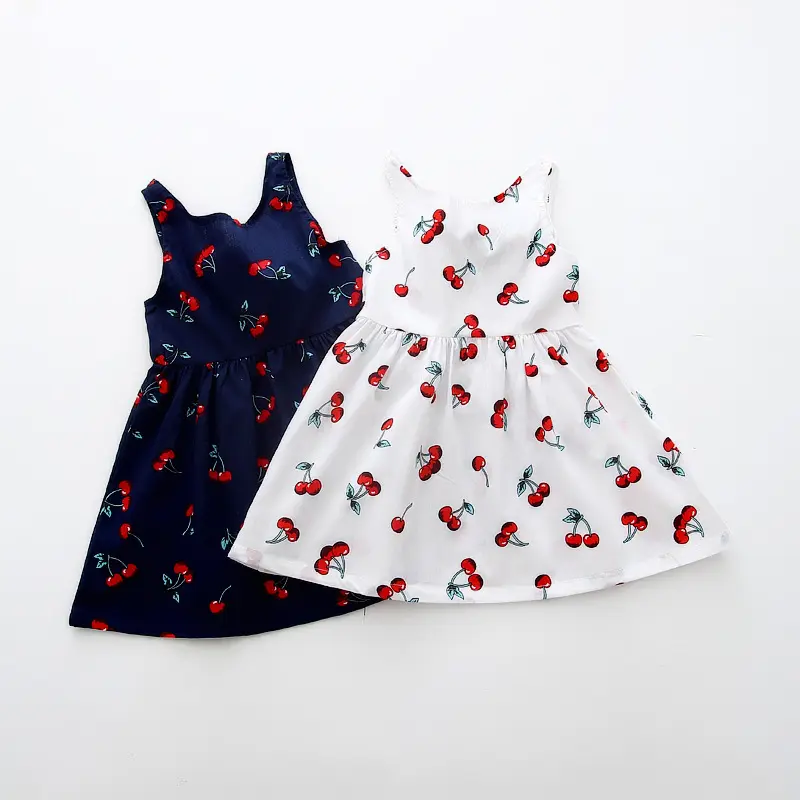 Vintage Style Kids Infant Cherry Printing Sleeveless Summer Clothing Baby Girl Dress