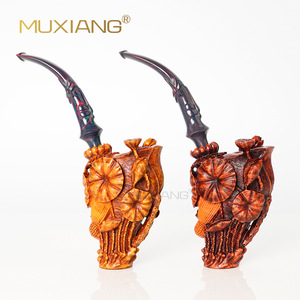Muxiang Wood Carved Tobacco Pipe Bent Shape Handmade Smoking Pipe With Colorful Stem For Men - Product Image 3