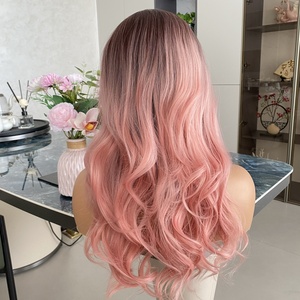Perruques synthétiques Lace 13x4 Rose Pêche Ondulé Italien avec Mèches, Transparentes, Sans Colle, Aspect Naturel, Ligne de Cheveux Pré-Plumée, Résistantes à la Chaleur - Product Image 5