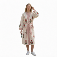 Peignoirs et ensembles de pyjamas en coton pour femmes, brodés de fleurs, avec cordon de serrage, longueur genou, pour le spa et la détente