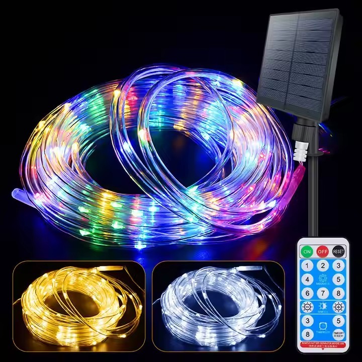 Factory 8 Functions Waterproof LED Light Solar Panel Outdoor Garden Decor String Rope LED Decor Lights with Remote Control