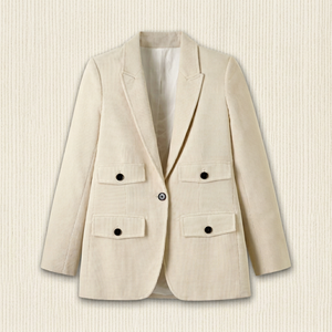 Blazer de pana color crema para mujer, manga larga, cuello con muescas, un solo botón, largo regular, color sólido, tejido de punto, para todas las estaciones - Product Image 1