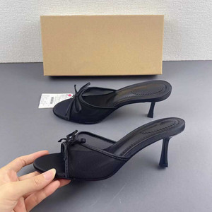 Women Elegant Black Mesh Bow Open Toe Stiletto Heel <b>Mules</b> <b>Backless</b> on Dress Sandals for Office Work Party Occasions - Product Image 2