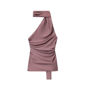 Women <strong>Satin</strong> One Shoulder <strong>Halter</strong> Top Ruched Waist Tie Detail Elegant Party Blouse Multiple Colors Customizable - Product Image 2