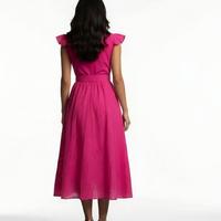 Robe d'été 2025 élégante à col en V et manches à volants, grande taille, taille ajourée ajustée, longueur genou, décontractée unie pour XL