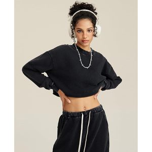 Sudadera Corta de Mujer KEEPSHOWING con Lavado Ácido, Manga Larga, Cuello Redondo, Hombros Caídos, Forro Polar, Estilo Casual Vintage - Product Image 2