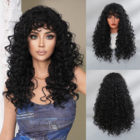 Perruques synthétiques noires longues bouclées de 22 pouces avec frange, en fibre résistante à la chaleur, aspect naturel mat, Peluca