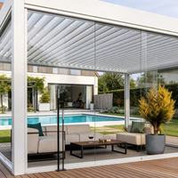 Pérgola de Aluminio de Estilo Europeo Tradicional con Techo de Láminas con Aspecto de Madera, Gazebo Impermeable para Exteriores para Patio de Hotel