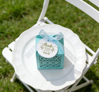 Boîte à dragées bleu clair haut de gamme, creuse, en carton nacré gaufré, avec doublure en éponge, gravure laser et ruban en organza, design frais