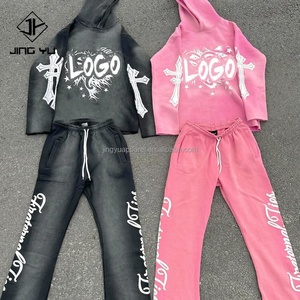 Wholesale Sublimation Acid Wash Men Hoodie Manufacturers <b>Polyester</b> Mens Hoodies Streetwear Custom Hoodie and Sweatpants Set Men - Product Image 2