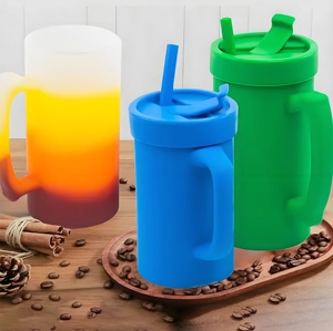 Grands gobelets en silicone sans BPA et de qualité alimentaire avec pailles et couvercles, verres à bière en silicone avec poignées, gobelets isothermes en silicone avec poignées - Product Image 2