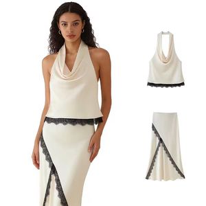 Autumn Women's Casual Solid Lace Vest Top Retro Halter Neck Sleeveless Mid-Calf Dress - Product Image 1