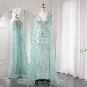 Luxury Dubai Turquoise Mermaid Evening Dresses With Cape V-Neck Arabic Silver Grey Wedding Formal Party Gowns Sz397-2