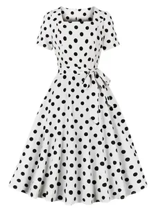 Vestido Retro A-List con Estampado Floral de Puntos, Cuello Cuadrado de Satén, Tirantes Finos, Cintura Natural, Largo hasta la Rodilla, Lavable - Product Image 4